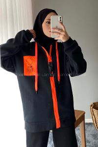 Modalamelif Önü Fermuarlı Arma Detay Sweatshirt Siyah