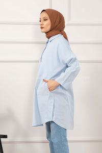 Modalamelif Gizli Cep Düşük Kol Gömlek Açık Mavi