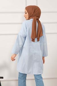 Modalamelif Gizli Cep Düşük Kol Gömlek Açık Mavi