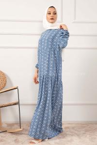 Modalamelif Kol Lastikli Kilim Desen Dokuma Elbise İndigo