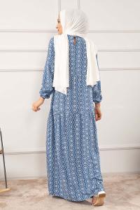Modalamelif Kol Lastikli Kilim Desen Dokuma Elbise İndigo