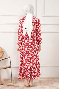 Modalamelif Kol Lastikli Papatya Desen Dokuma Elbise Bordo