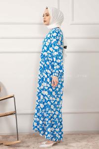 Modalamelif Kol Lastikli Papatya Desen Dokuma Elbise Mavi