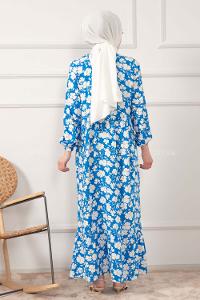 Modalamelif Kol Lastikli Papatya Desen Dokuma Elbise Mavi