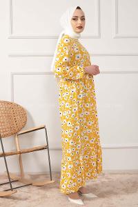 Modalamelif Kol Lastikli Papatya Desen Dokuma Elbise Sarı