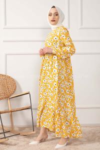 Modalamelif Kol Lastikli Papatya Desen Dokuma Elbise Sarı