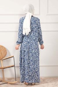 Modalamelif Kol Lastikli Soyut Desen Dokuma Elbise İndigo