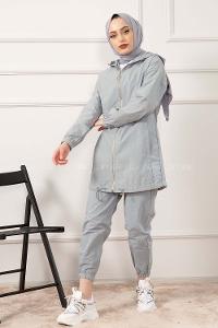 Modalamelif Önü Fermuarlı Kapşonlu İkili Takım Gri