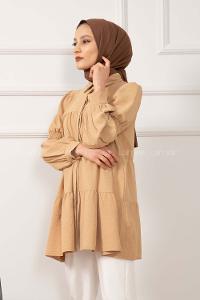 Modalamelif Önü Gizli Düğmeli Kol Lastikli Tunik Camel