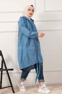 Modalamelif Önü Gizli Fermuarlı Kapşonlu Kap İndigo