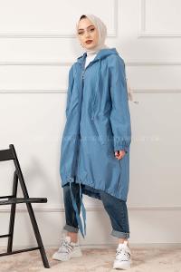 Modalamelif Önü Gizli Fermuarlı Kapşonlu Kap İndigo