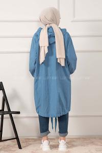 Modalamelif Önü Gizli Fermuarlı Kapşonlu Kap İndigo