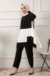 Modalamelif Renk Garnili İkili Takım Siyah