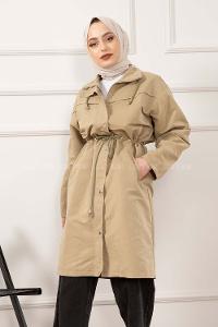 Modalamelif Yan Cep Bel Bağcıklı Trenç Yağ Yeşili