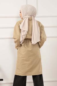 Modalamelif Yan Cep Bel Bağcıklı Trenç Yağ Yeşili