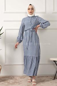 Modalamelif Yarım Balıkçı Yaka Pötikare Elbise Açık Mavi