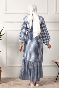 Modalamelif Yarım Balıkçı Yaka Pötikare Elbise Açık Mavi