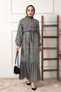 Modalamelif Yarım Balıkçı Yaka Pötikare Elbise Siyah