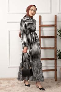 Modalamelif Yarım Balıkçı Yaka Pötikare Elbise Siyah