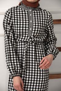 Modalamelif Yarım Balıkçı Yaka Pötikare Elbise Siyah