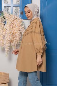Modalamelif Balon Kol Gipeli Gömlek Tunik Camel