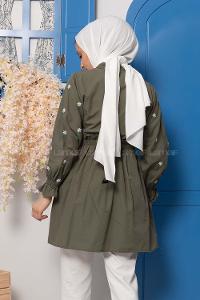 Modalamelif Bel Lastikli Nakışlı Tunik Haki