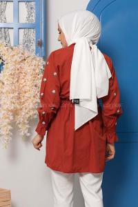 Modalamelif Bel Lastikli Nakışlı Tunik Koyu Kiremit