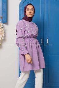 Modalamelif Bel Lastikli Nakışlı Tunik Lila