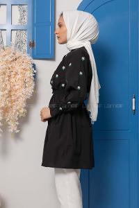 Modalamelif Bel Lastikli Nakışlı Tunik Siyah