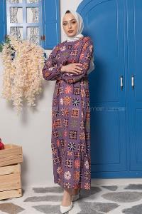 Modalamelif Çiçek Desenli Krep Elbise Mor