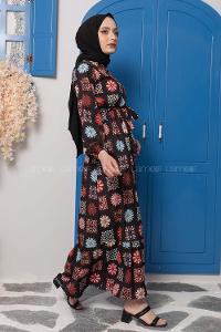 Modalamelif Çiçek Desenli Krep Elbise Siyah