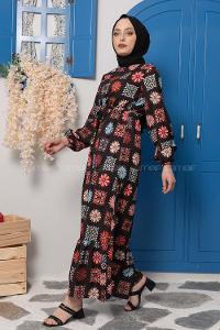 Modalamelif Çiçek Desenli Krep Elbise Siyah