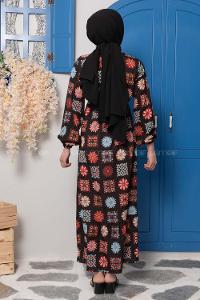 Modalamelif Çiçek Desenli Krep Elbise Siyah