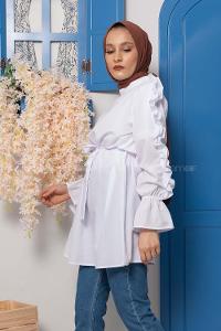 Modalamelif Kol Fırfırlı Kuşaklı Tunik Beyaz