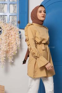 Modalamelif Kol Fırfırlı Kuşaklı Tunik Sütlü Kahve