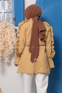 Modalamelif Kol Fırfırlı Kuşaklı Tunik Sütlü Kahve