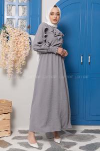 Modalamelif Kol Fırfırlı Yaka Bağlamalı Elbise Gri