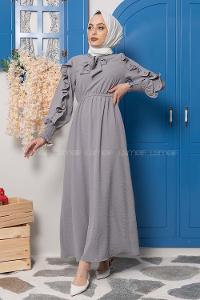 Modalamelif Kol Fırfırlı Yaka Bağlamalı Elbise Gri