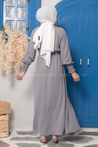 Modalamelif Kol Fırfırlı Yaka Bağlamalı Elbise Gri