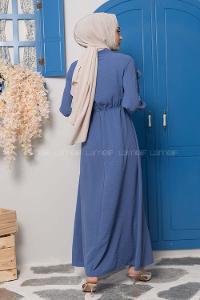 Modalamelif Kol Fırfırlı Yaka Bağlamalı Elbise İndigo