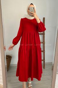 Modalamelif Kol Lastikli Fırfırlı Elbise Kırmızı