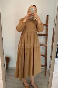 Modalamelif Kol Lastikli Fırfırlı Elbise Sütlü Kahve