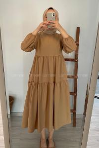 Modalamelif Kol Lastikli Fırfırlı Elbise Sütlü Kahve