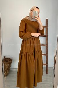 Modalamelif Kol Lastikli Fırfırlı Elbise Taba