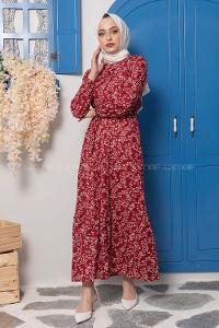 Modalamelif Kuşaklı Papatya Desen Elbise Bordo