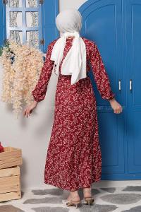 Modalamelif Kuşaklı Papatya Desen Elbise Bordo