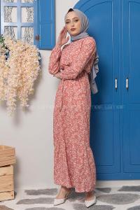 Modalamelif Kuşaklı Papatya Desen Elbise Pudra