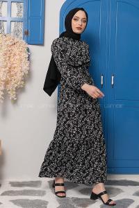 Modalamelif Kuşaklı Papatya Desen Elbise Siyah