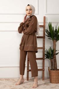 Modalamelif Önü Fırfırlı Kuşaklı İkili Takım Acı Kahve