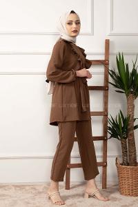 Modalamelif Önü Fırfırlı Kuşaklı İkili Takım Acı Kahve